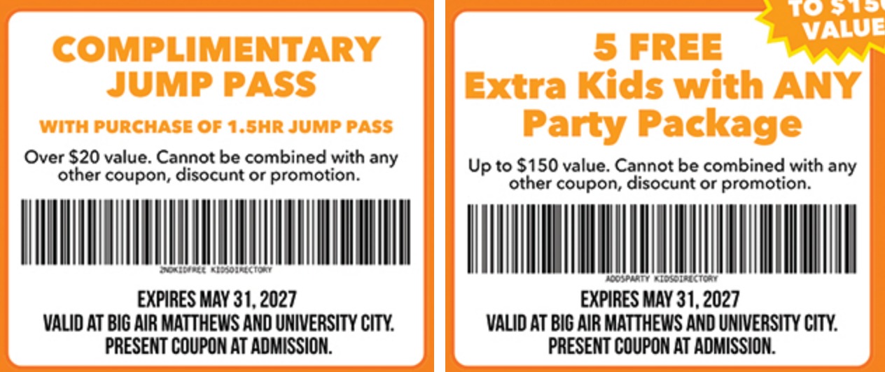 Big Air Charlotte coupons with barcodes: complimentary jump pass, and 5 free extra kids with any party package